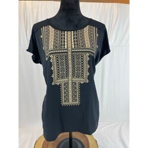 C Embroidered Boho Top Black Gold Geometric Aztec Short Sleeve Shirt S